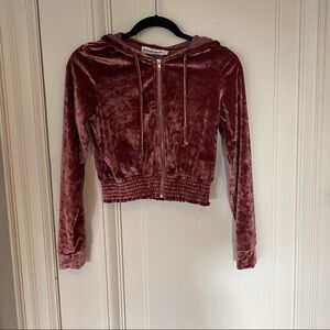 Cropped Pink Velour Drawstring Hoodie size Small